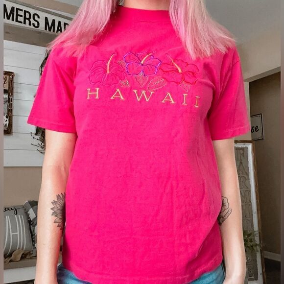 Vintage Hanes Beefy-T Single Stitch Hawaii Hibiscus Hot Pink Graphic Tee - Picture 1 of 9